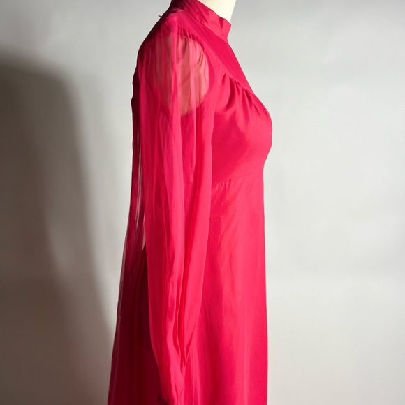 VINTAGE 70s Hot Pink Full Length Sheer Sleeve High Neck Maxi Dress Womens XS - Picture 5 of 8